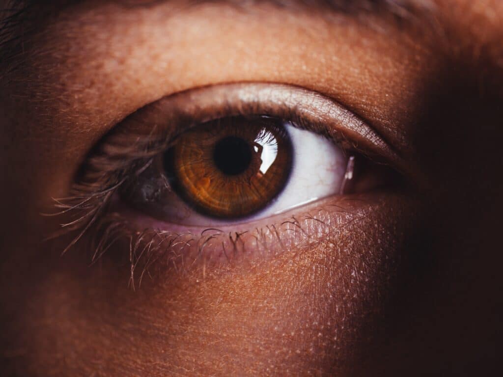 Close up of an eye with brown iris