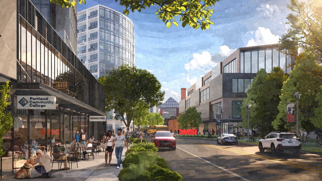 rendering of a city street with lots of greenery and people walking or riding bikes and enjoying food at outdoor tables. The OMSI museum is at the end of the city block.