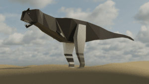 T.rex made in a 3-d rendering tool standing the desert in front of a blue sky with clouds