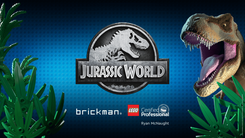 Jurassic World logos with LEGO T.rex with LEGO leaves surrounding him